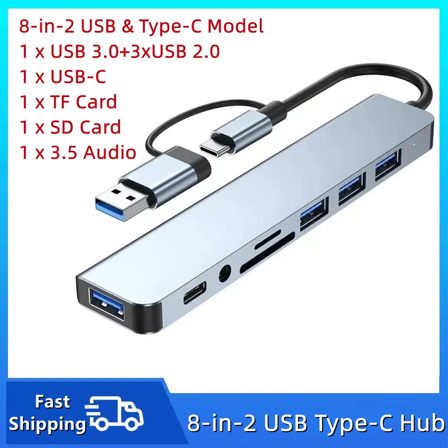 TYPE-C Hub USB3.0 Hub 8 in 2 USB Extender with SD/TF Card Reader& 3.5mm Audio Jack for MacBook/PC/Laptop/Tablet Devices Splitter