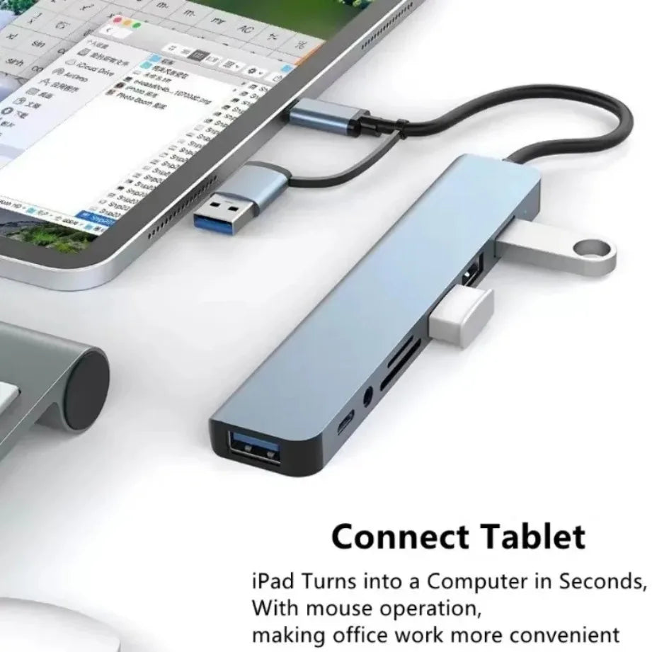TYPE-C Hub USB3.0 Hub 8 in 2 USB Extender with SD/TF Card Reader& 3.5mm Audio Jack for MacBook/PC/Laptop/Tablet Devices Splitter