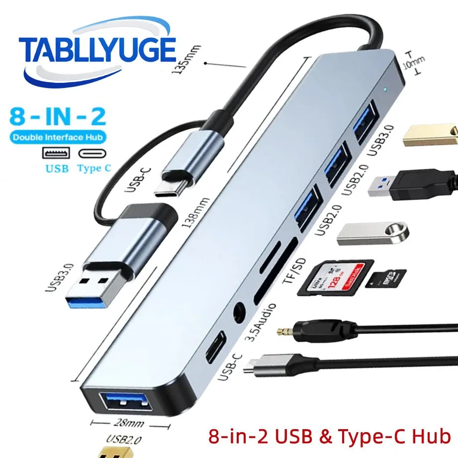 TYPE-C Hub USB3.0 Hub 8 in 2 USB Extender with SD/TF Card Reader& 3.5mm Audio Jack for MacBook/PC/Laptop/Tablet Devices Splitter