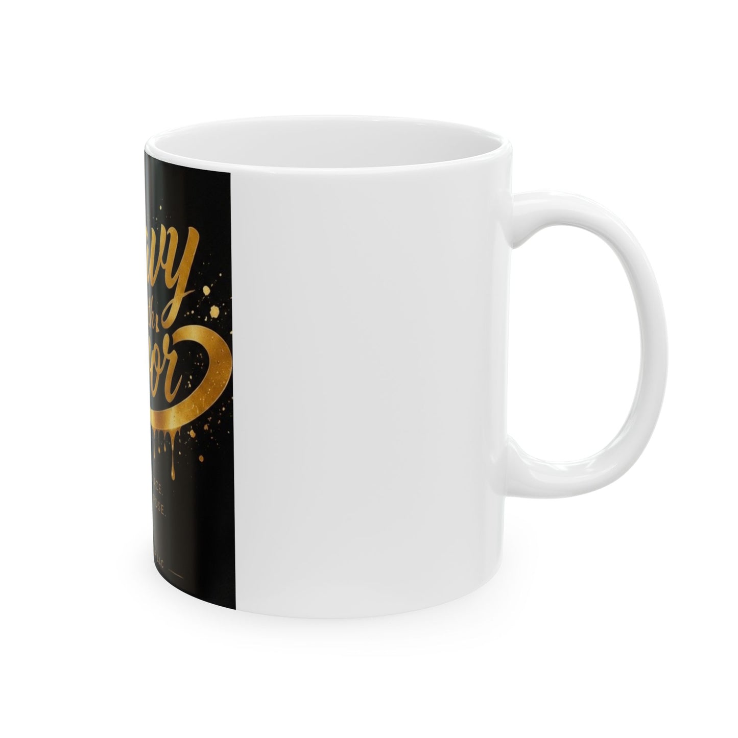 Heavy With Favor Ceramic Mug — Inspirational Gold Script Coffee Cup (11oz/15oz)